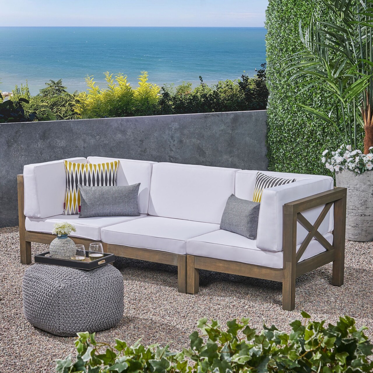 Contemporary Home Living 3pc White and Brown Outdoor Patio Sectional Sofa Set 30.25"